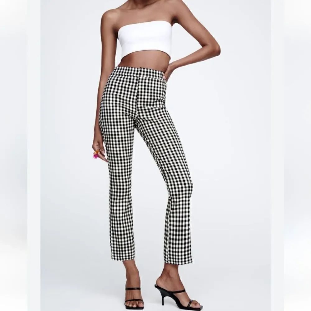 NWT Zara Plaid Beige And Black High Rise Flare Pants Size Large - Picture 1 of 13